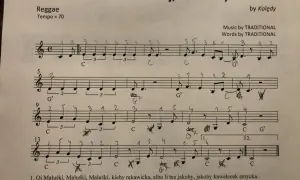 Nuty do piosenki "Oj, Maluśki, Maluśki" w stylu reggae. Podano akordy i rytm, co ułatwia naukę, jak zagrać na gitarze "Sto lat" w tej aranżacji.