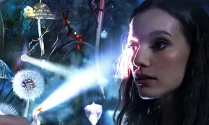 Dziewczyna w magicznym lesie, gdzie świecące dmuchawce i grzyby tworzą scenerię. Kleks, witajcie w naszej bajce 2023!