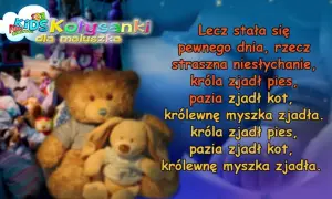 Pluszowe misie i króliczki słuchają bajki "Był sobie król tekst". Niestychanie, króla zjadł pies, pazia zjadł kot, królewnę myszka zjadła.