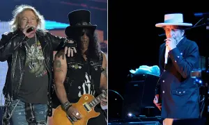 Axl Rose i Slash z Guns N' Roses wykonują "Knockin' on Heaven's Door". Obok Bob Dylan.