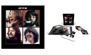The Beatles Let It Be (Remastered 2009) box set. Okładka z portretami Johna, Paula, George'a i Ringo. Otwarta księga i płyty.
