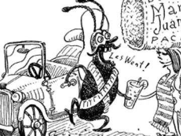 Karaluch z napisem "la cucaracha tekst" w ręku, obok samochodu i postaci z napisem "Marijuana Packo".