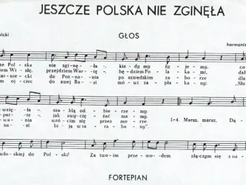 Jeszcze Polska nie zginęła" - nuty i tekst pieśni patriotycznej. W tle fortepian.