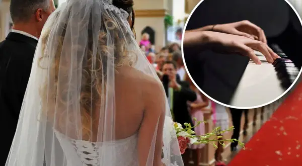 Ślubna suknia i welon w kościele, w tle goście. W okręgu dłonie grające na pianinie. Religijne schowaj mnie tekst.