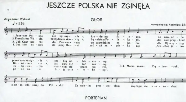 Jeszcze Polska nie zginęła" - nuty i tekst pieśni patriotycznej. W tle fortepian.