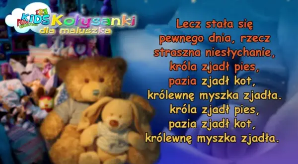 Pluszowe misie i króliczki słuchają bajki "Był sobie król tekst". Niestychanie, króla zjadł pies, pazia zjadł kot, królewnę myszka zjadła.