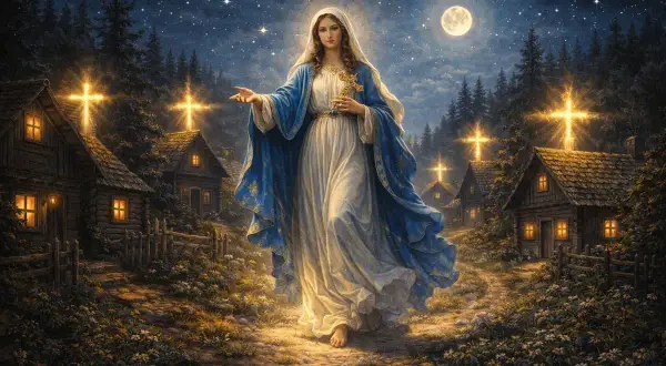 Nocna wizja Matki Bożej, jakby z pieśni czarna madonna – tekst. Wśród gwiazd i księżyca, prowadzi przez wieś oświetloną krzyżami.