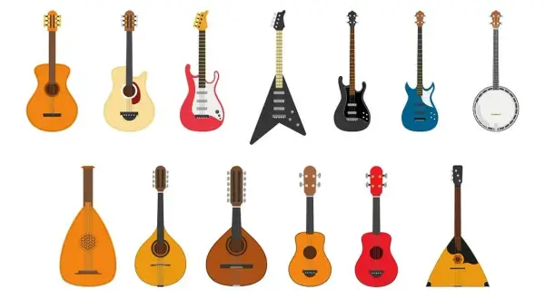 Różnorodne instrumenty strunowe szarpane: gitary akustyczne, elektryczne, basowe, banjo, mandoliny, lutnia i bałałajka.