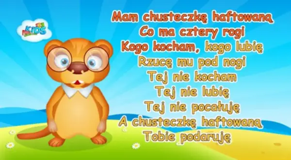 Uroczy, okularowy bóbr śpiewa piosenkę "Mam chusteczkę haftowaną" na tle błękitnego nieba i zielonej łąki.