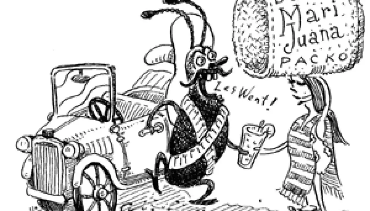 Karaluch z napisem "la cucaracha tekst" w ręku, obok samochodu i postaci z napisem "Marijuana Packo".