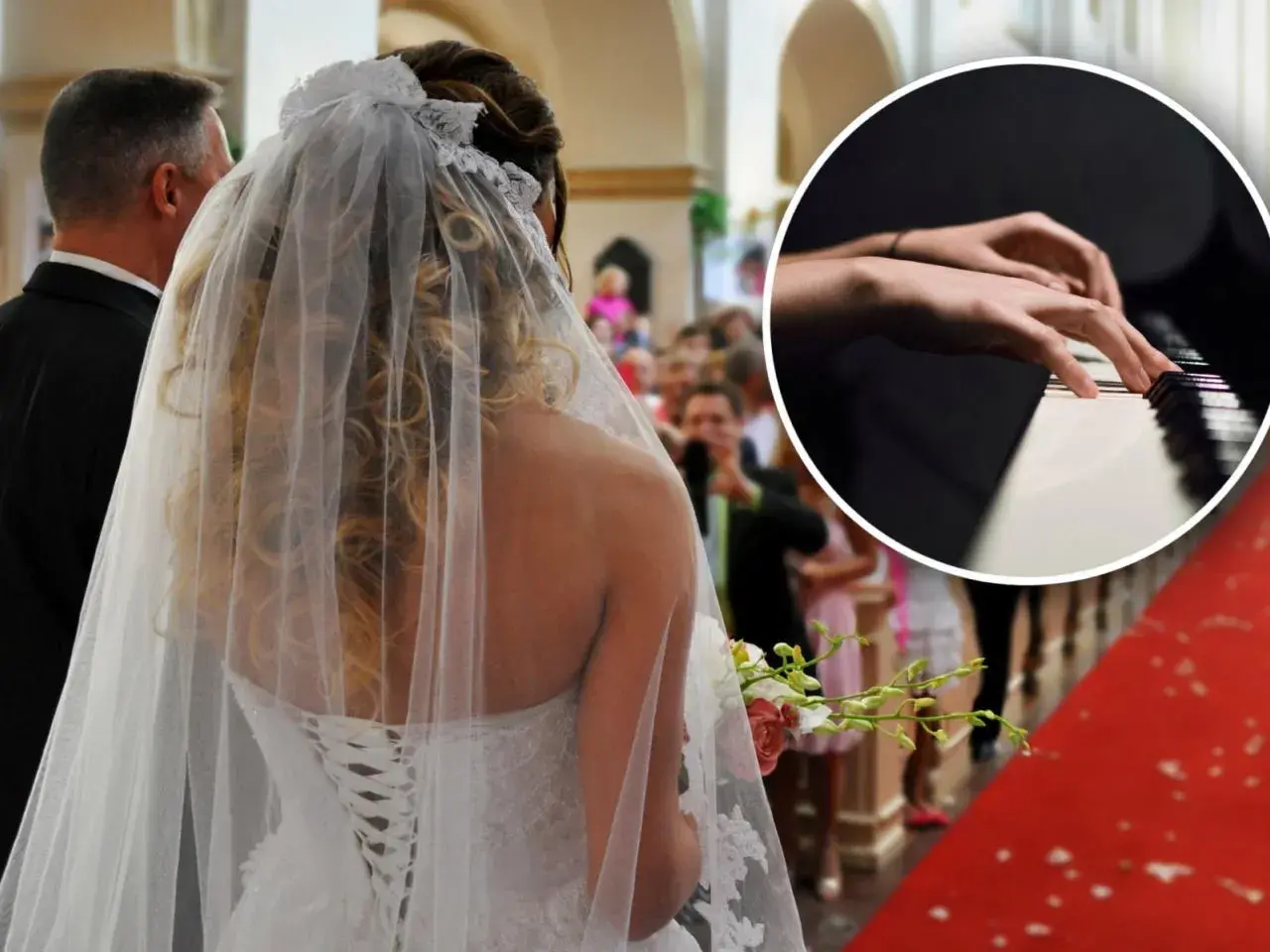 Ślubna suknia i welon w kościele, w tle goście. W okręgu dłonie grające na pianinie. Religijne schowaj mnie tekst.