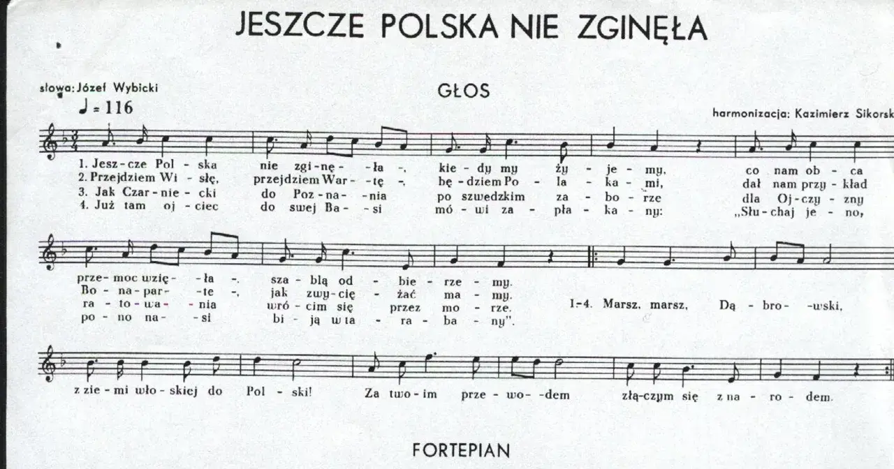 Jeszcze Polska nie zginęła" - nuty i tekst pieśni patriotycznej. W tle fortepian.