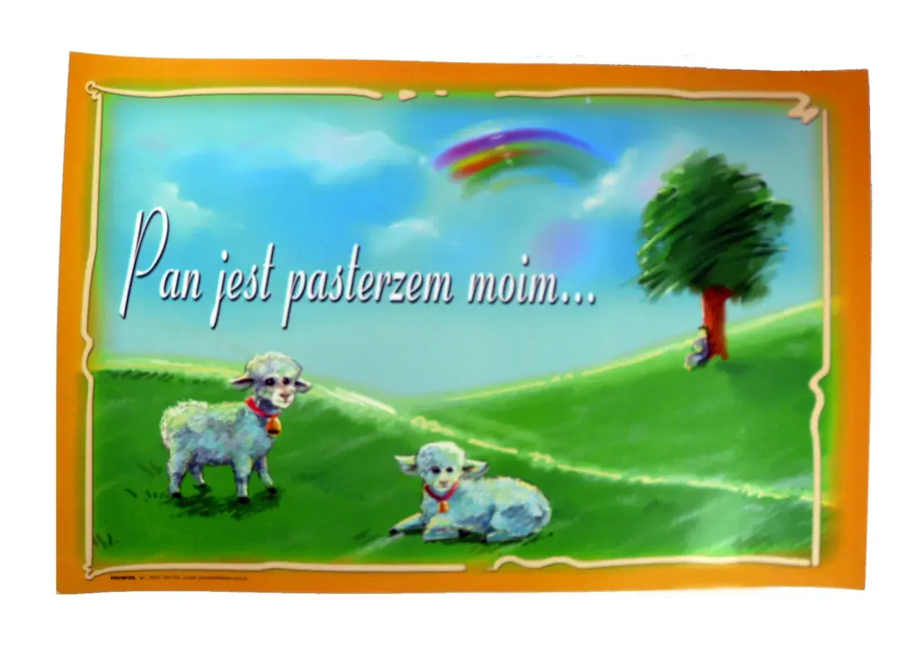 Dwa jagniątka na zielonej łące, tęcza na niebie i napis "Pan jest pasterzem moim".
