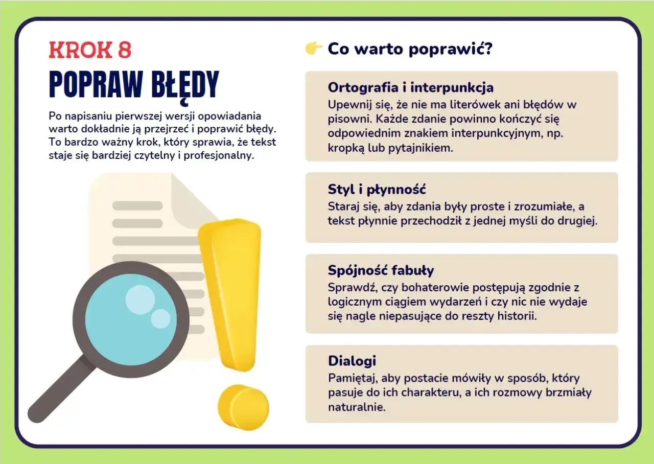 Krok 8: Popraw błędy. Lupa, wykrzyknik i tekst przypominają, że vox szczęśliwej drogi już czas, by dopracować opowiadanie.
