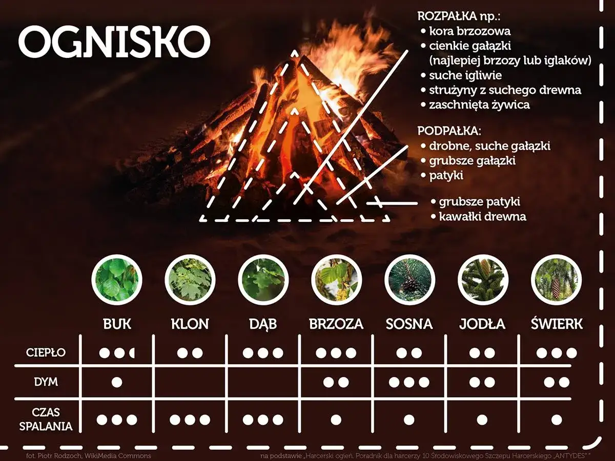 Wszyscy byliśmy harcerzami, płonie ognisko. Grafika pokazuje, jak rozpalić ognisko i porównuje różne rodzaje drewna.