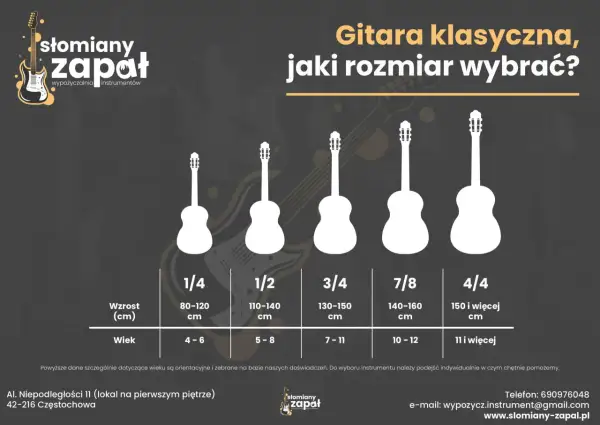 Poradnik "Gitara klasyczna, jaki rozmiar wybrać?" od "Słomiany Zapał" pokazuje, czym się różni gitara klasyczna od akustycznej, prezentując rozmiary gitar dla różnych wzrostów i wieków.
